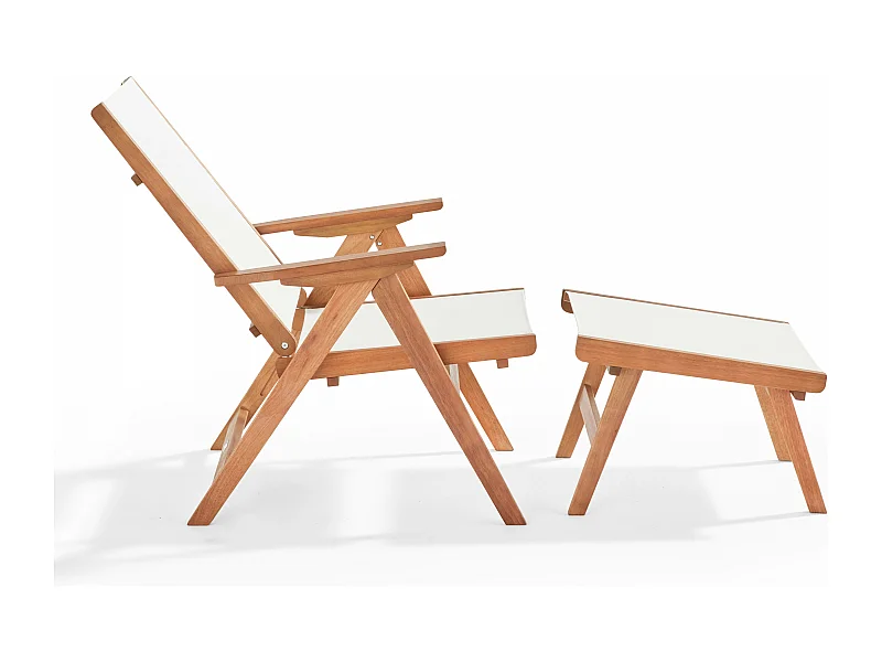 Fauteuil relax en bois d'eucalyptus avec repose-pieds blanc