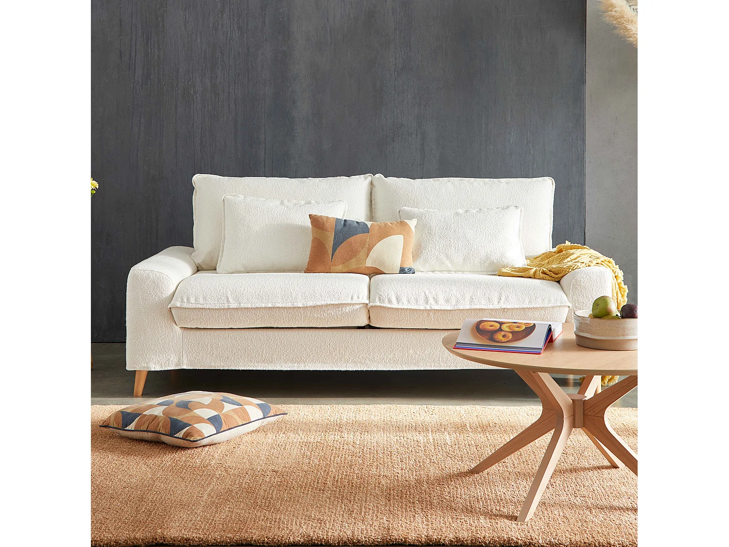 Omkeerbare stoffen bank met 3 zitplaatsen in witte bouclé stof L 205 cm