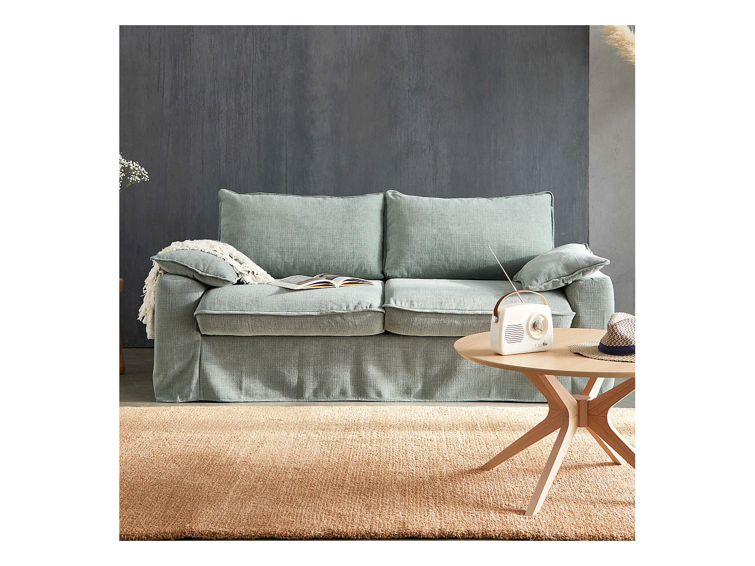 Canapé convertible en tissu texturé 3 places vert gris