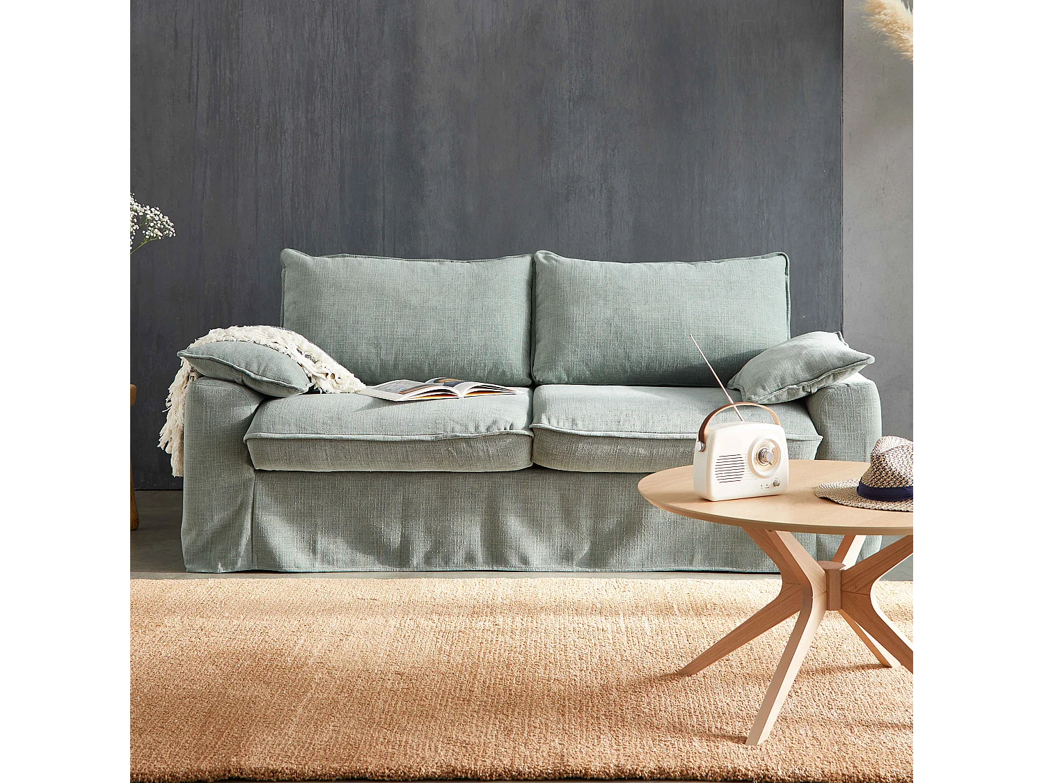 Canapé convertible en tissu texturé 3 places vert gris L 205 cm