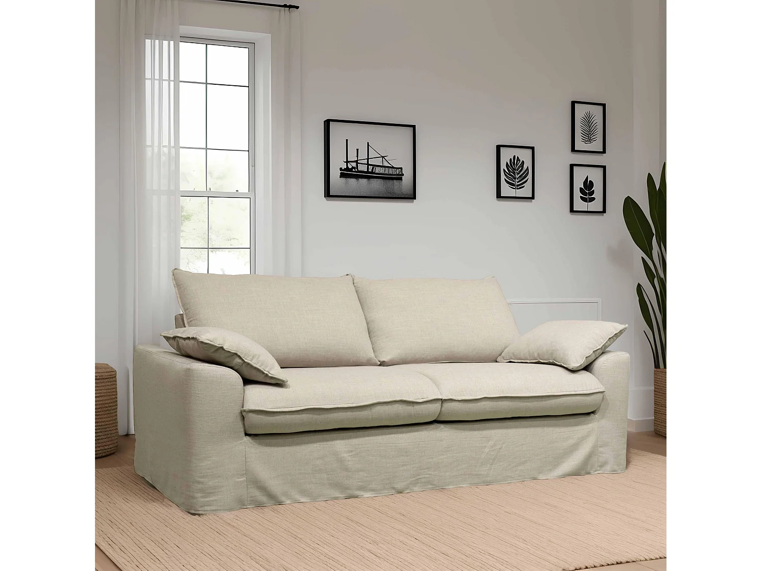 Canapé convertible en tissu 3 places beige L 205 cm