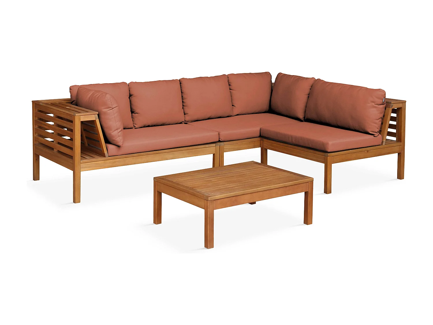 Salon de  jardin bas d'angle 2 canapés, 1 fauteuil et une table