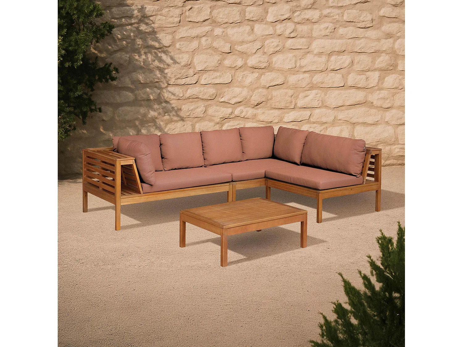 Salon de  jardin bas d'angle 2 canapés, 1 fauteuil et une table