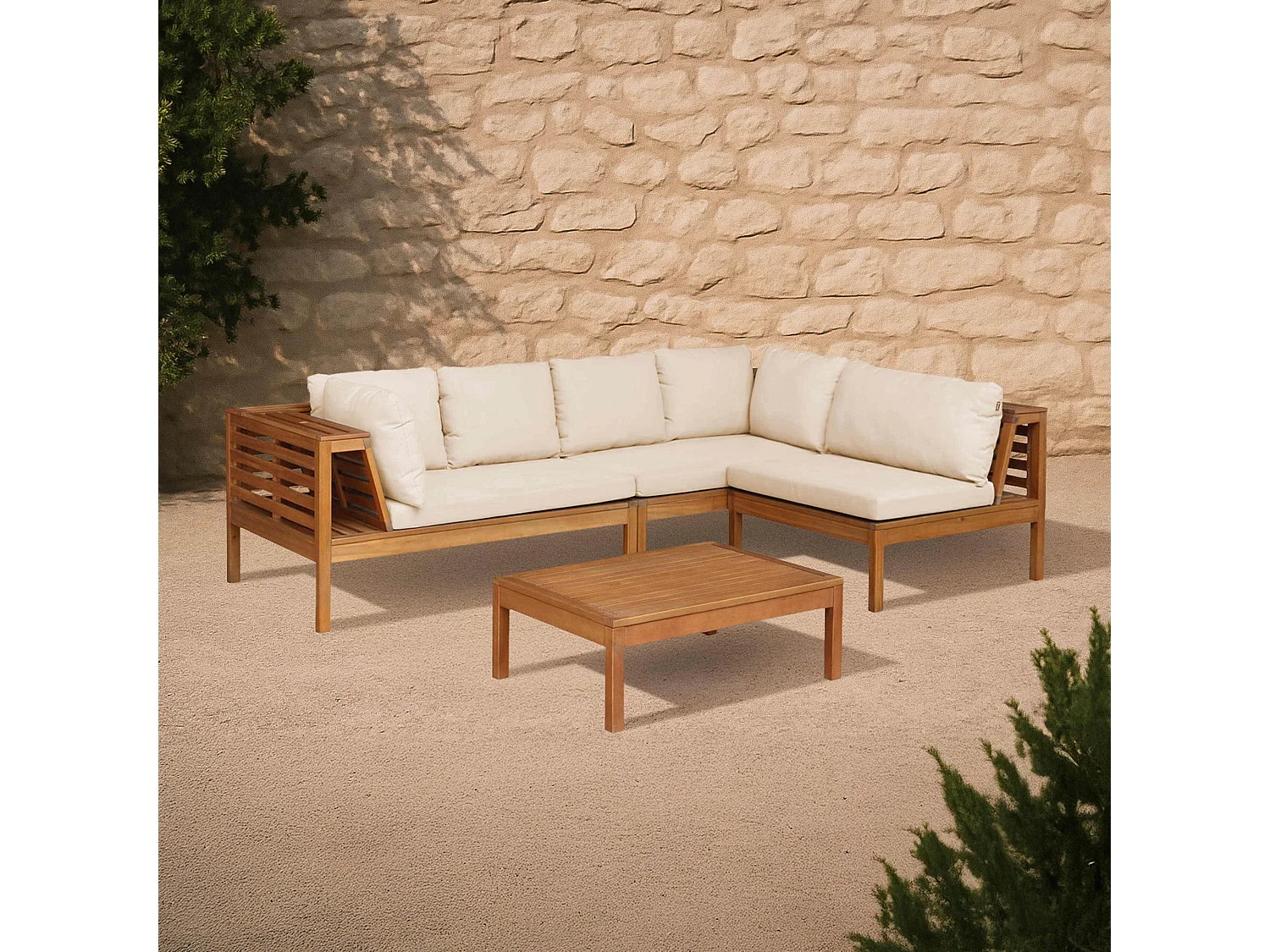 Salon de  jardin bas d'angle 2 canapés, 1 fauteuil et une table écru