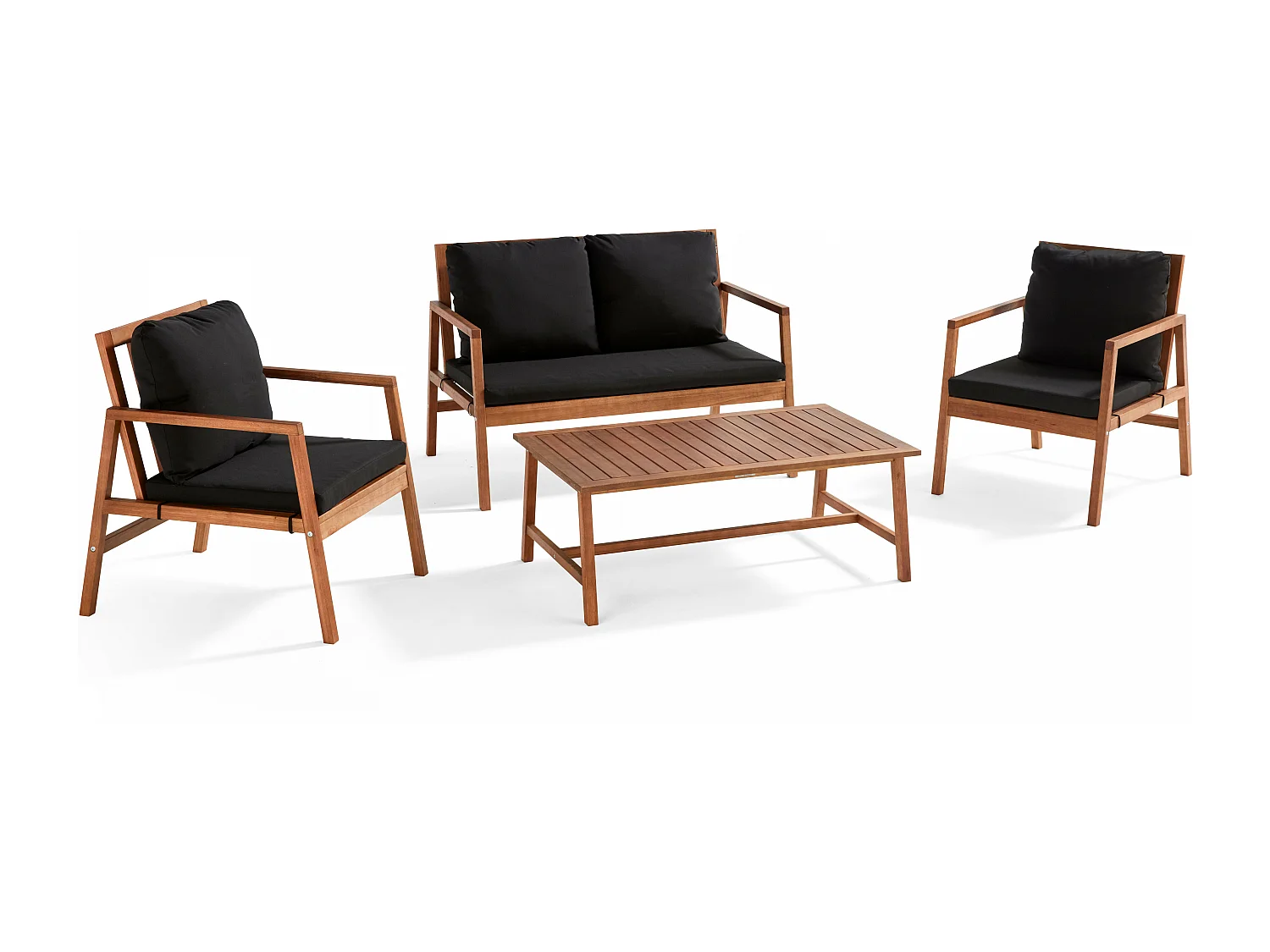 Houten tuinset met 1 bank, 2 fauteuils en een zwarte salontafel