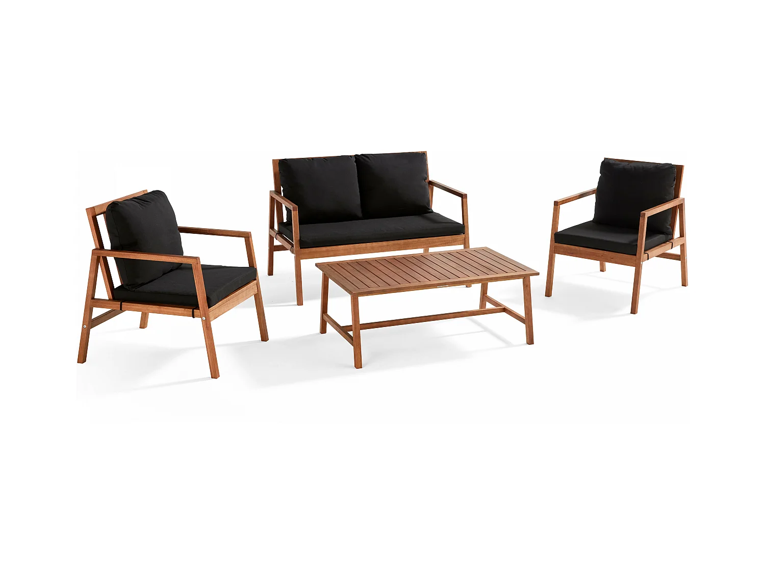 Salon de  jardin bois avec 1 canapé, 2 fauteuils et table basse noir