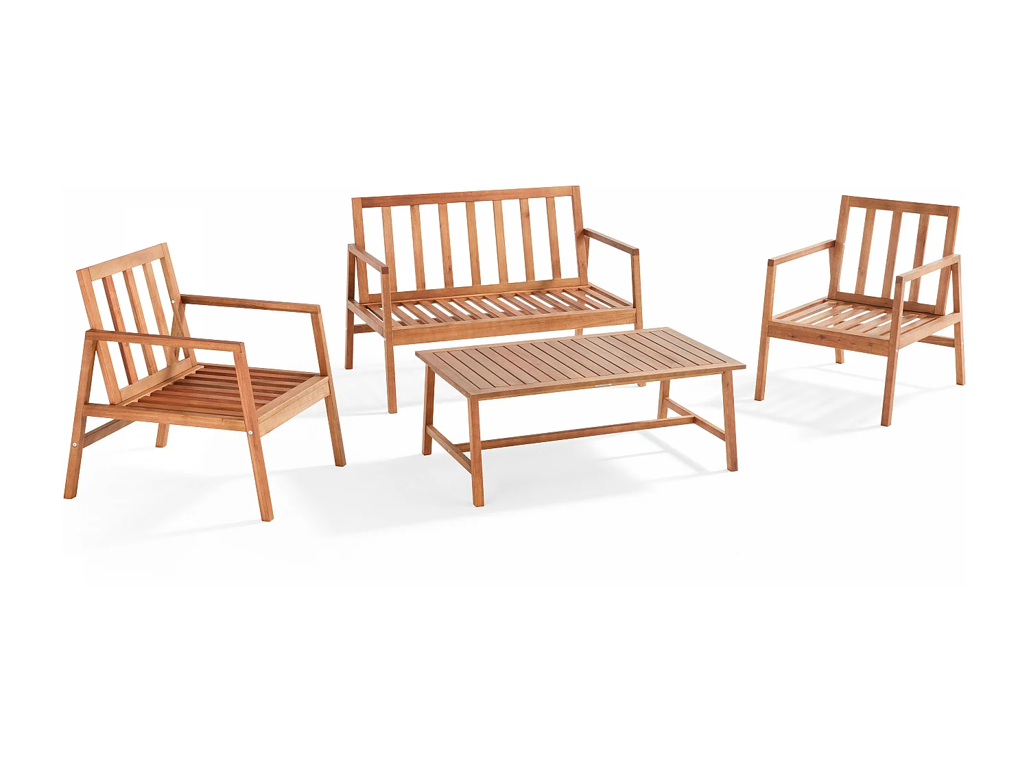 Salon de  terrasse bois avec 1 canapé, 2 fauteuils et table basse noir