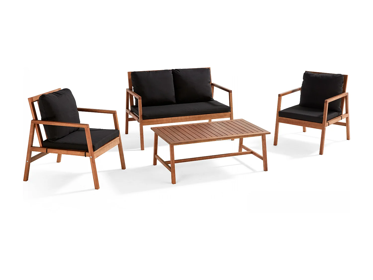 Salon de  terrasse bois avec 1 canapé, 2 fauteuils et table basse noir