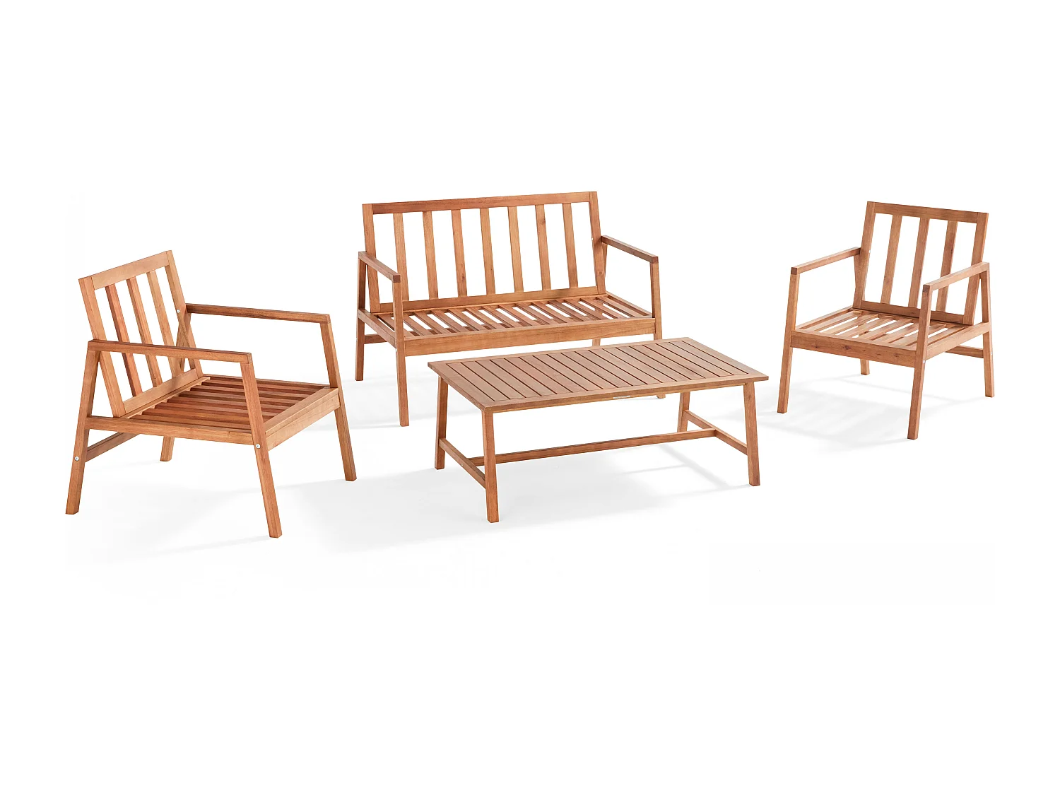 Salon de  terrasse bois avec 1 canapé, 2 fauteuils et table basse noir