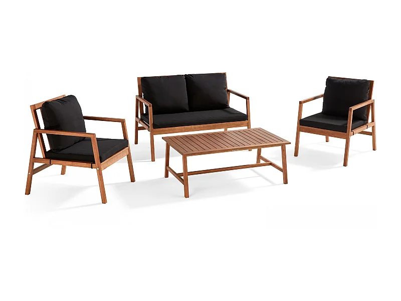 Salon de  terrasse bois avec 1 canapé, 2 fauteuils et table basse noir