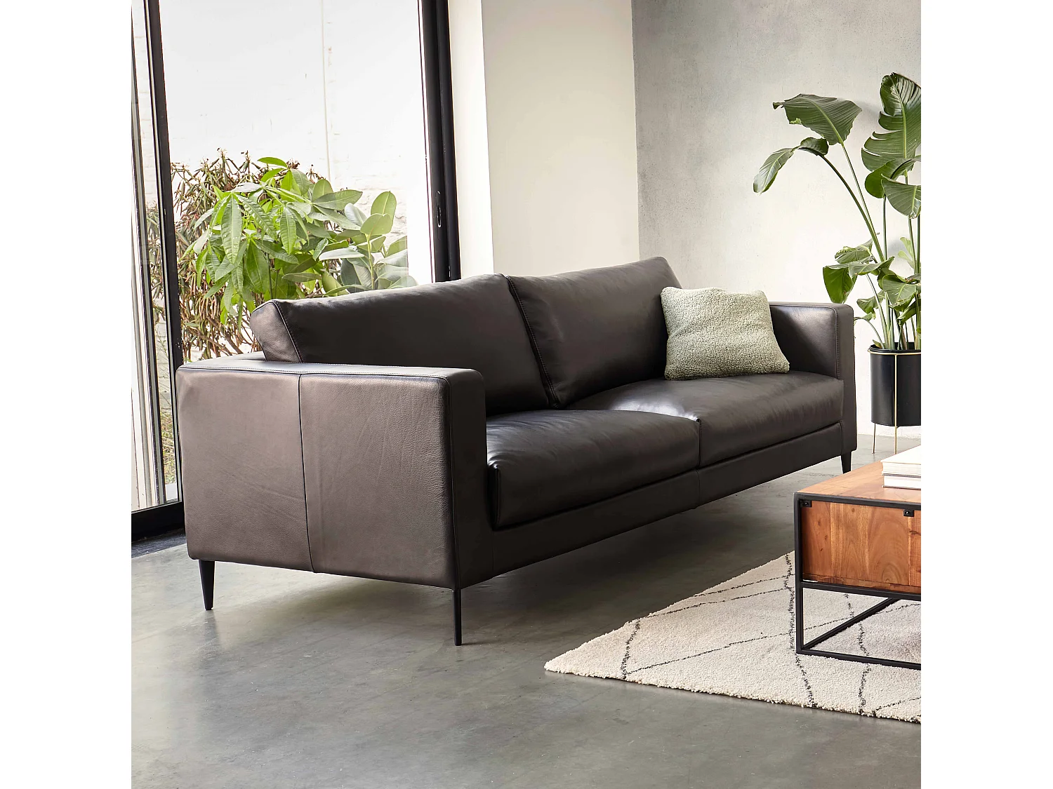 Leren bankstel, 3-zits, zwart L 220 cm