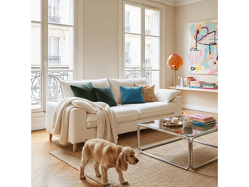 Canapé en tissu bouclette 3 places Blanc L 205 cm