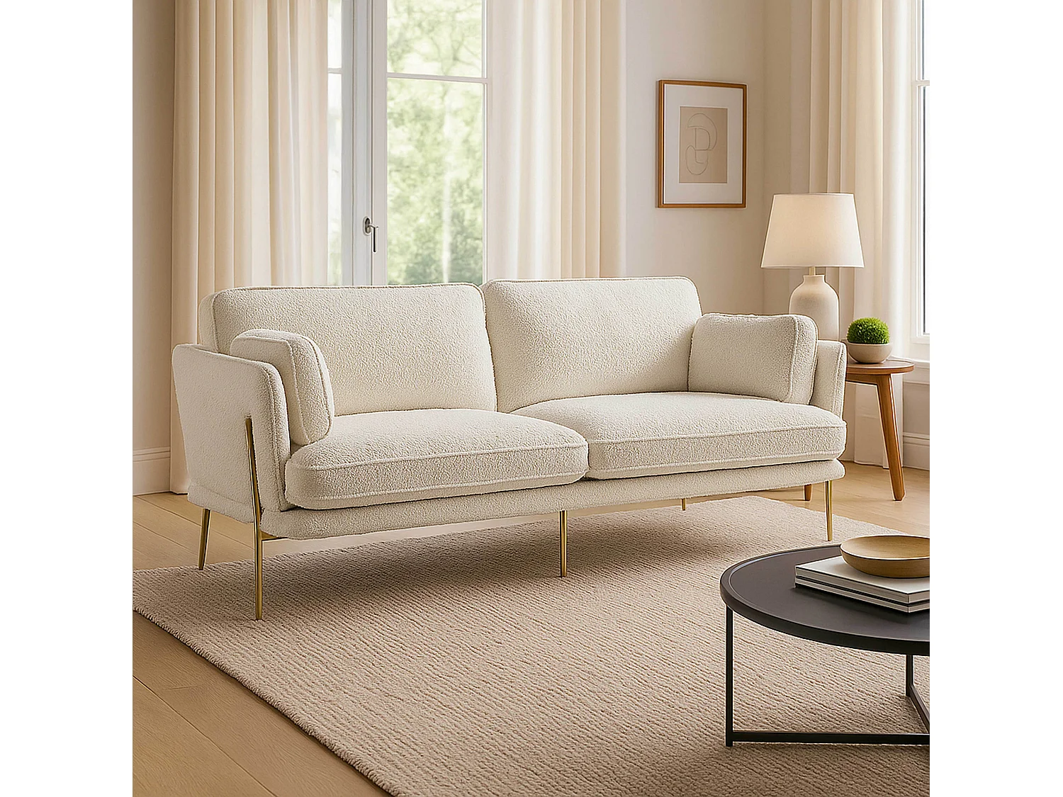 Canapé en tissu bouclette 3 places ecru