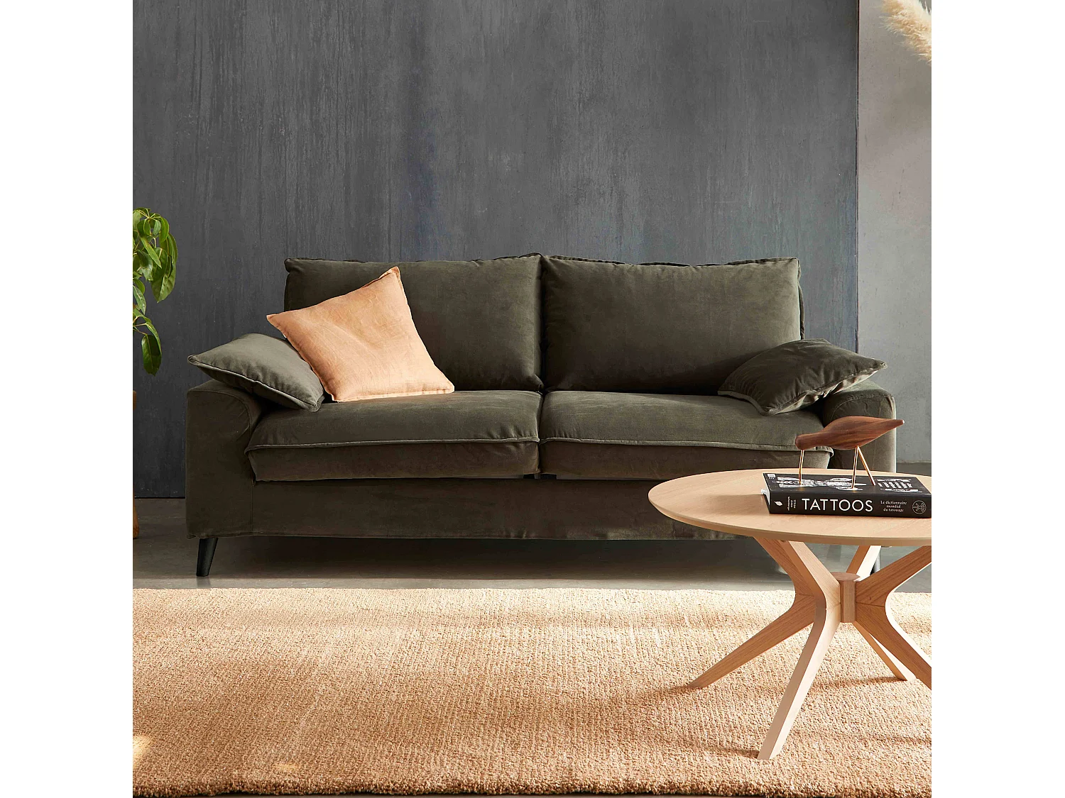 Canapé en velours 3 places Vert kaki