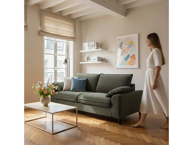 Canapé en velours 3 places Vert kaki L 205 cm