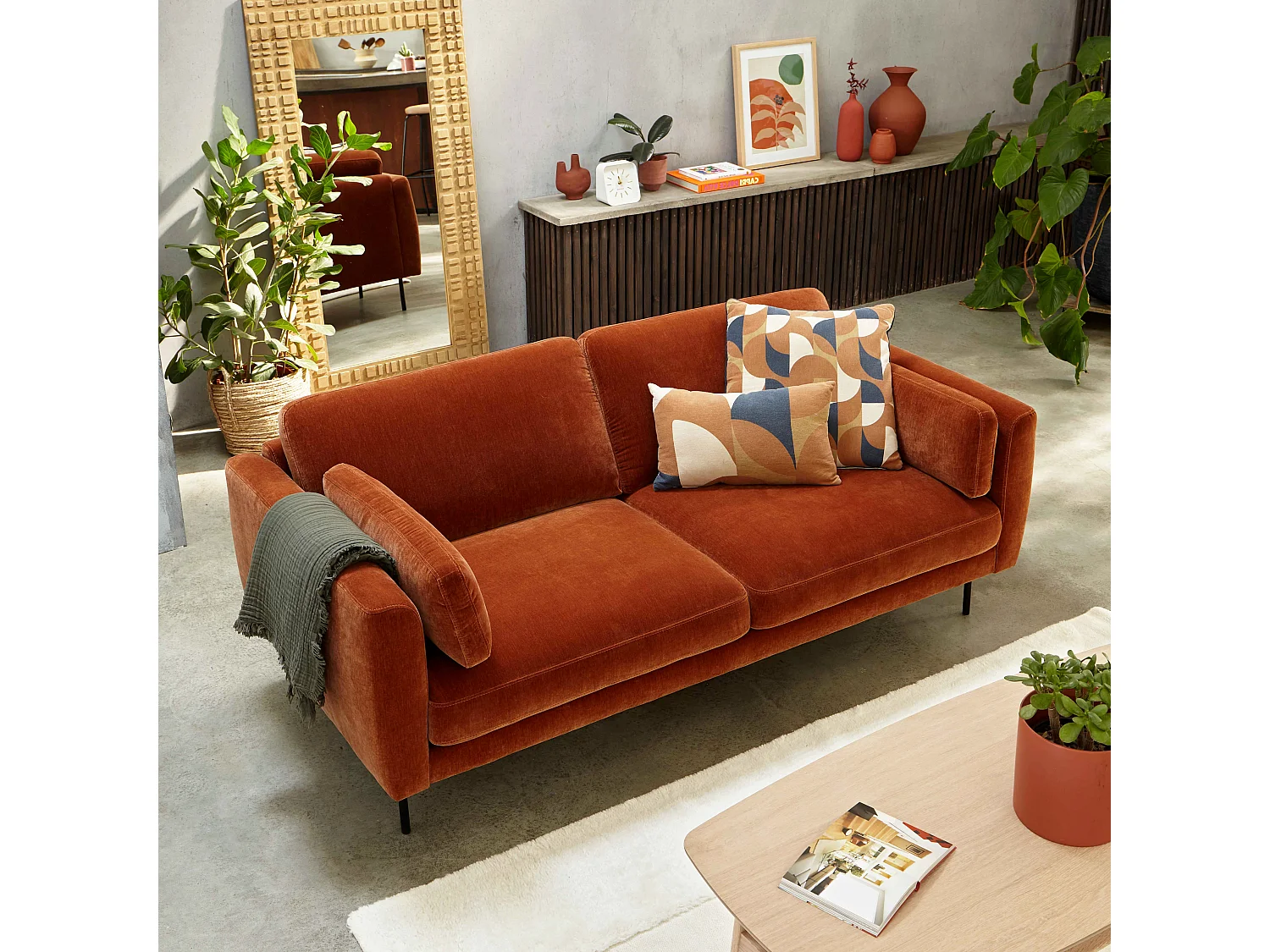 Canapé en velours 3 places rouille