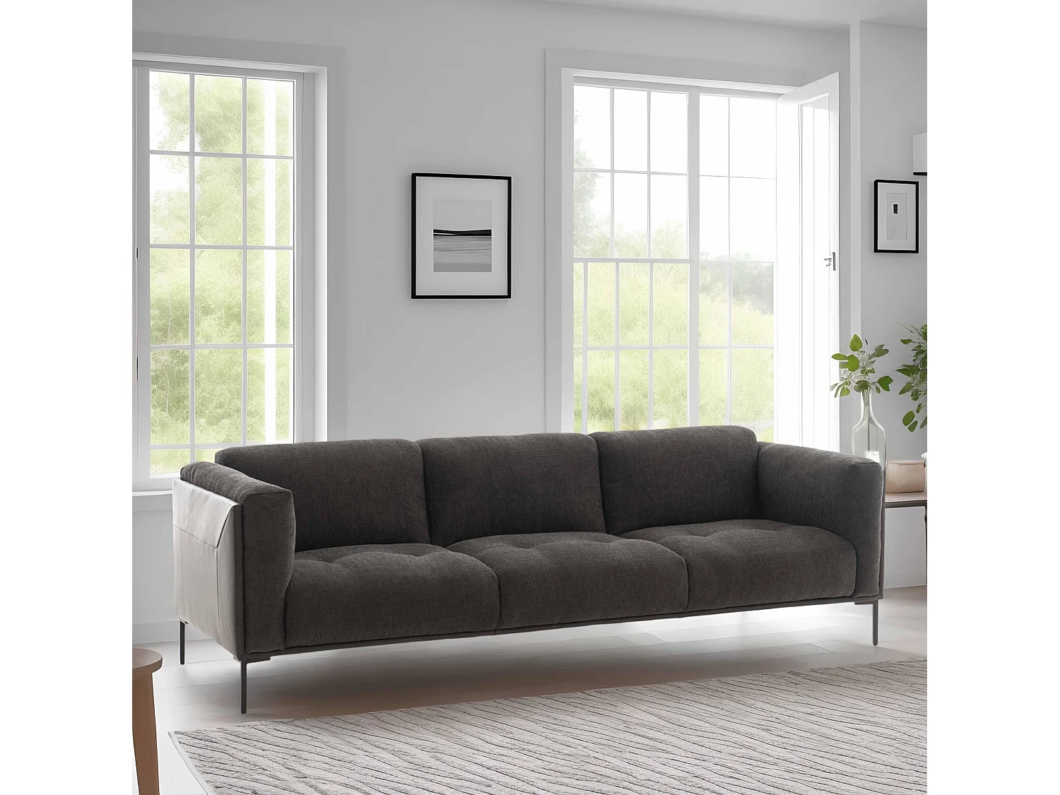 Grote tweemateriaalbank voor 4 personen in het zwart L 240 cm