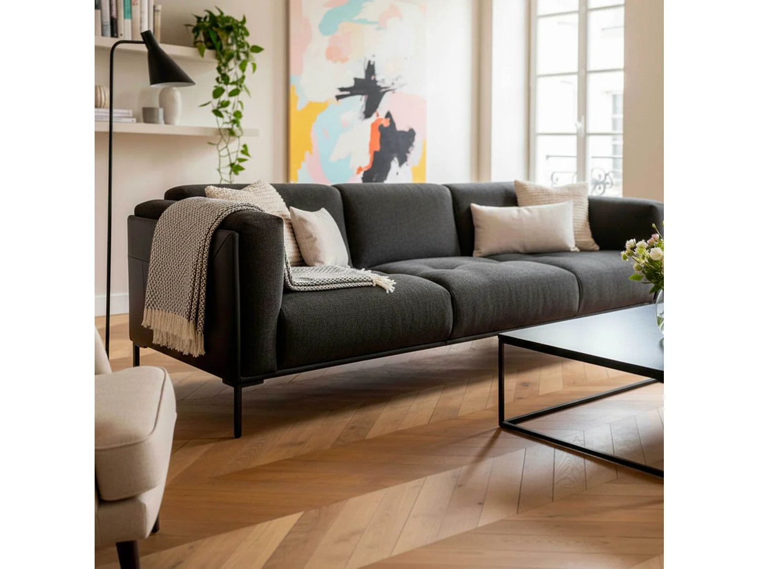 Grand canapé bi-matière 4 places noir L 240 cm