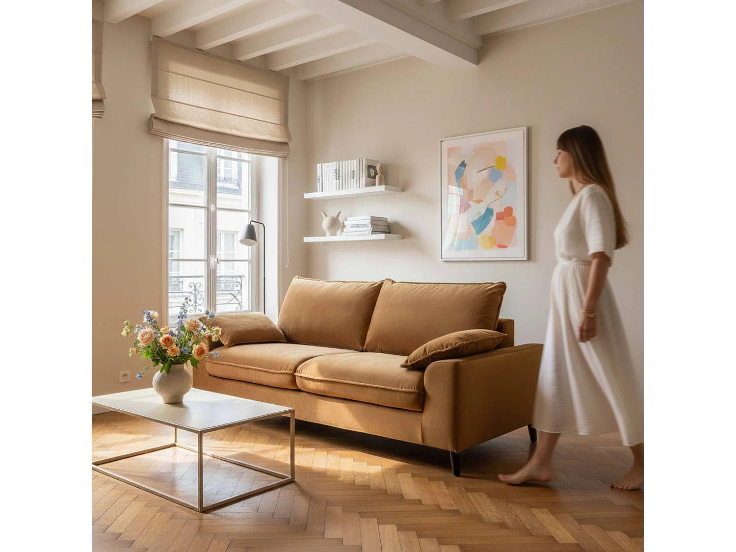 Canapé en velours 3 places Noisette L 205 cm