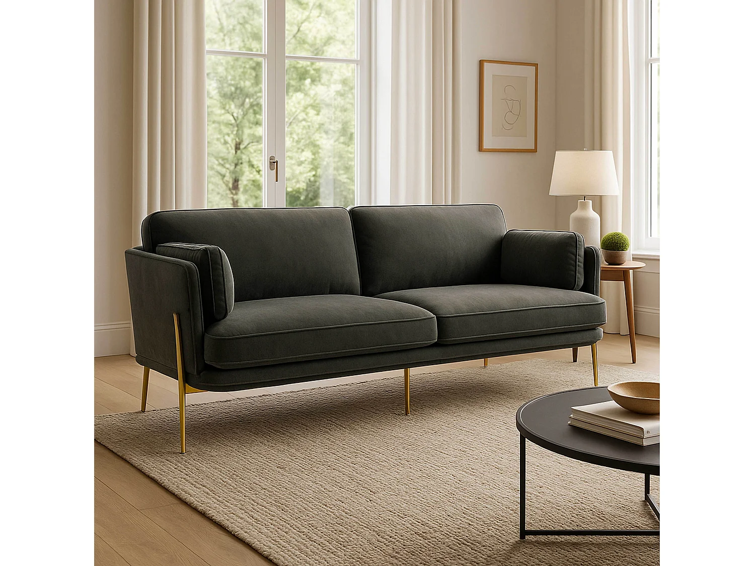 Canapé en velours et pieds en laiton 3 places