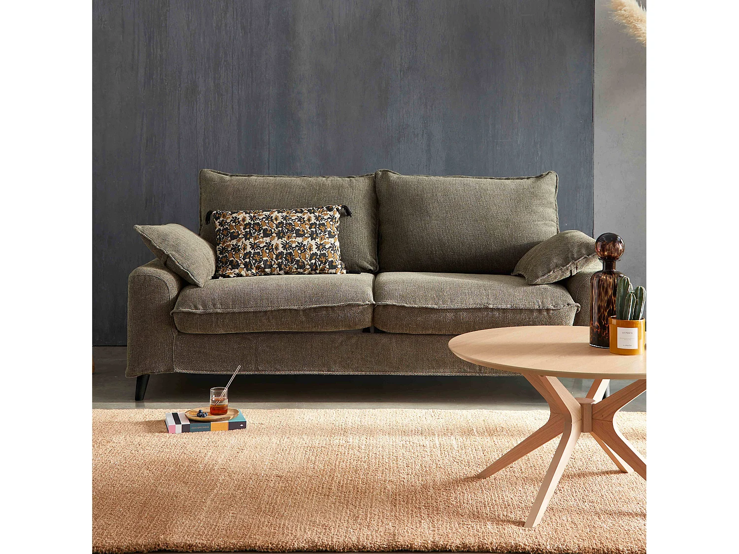 Canapé en tissu chiné 3 places vert kaki