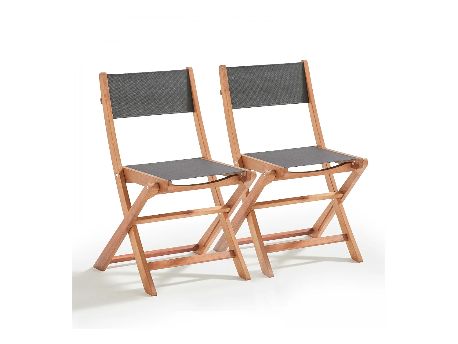 Lot de 2 chaises pliantes en bois d'eucalyptus et textilène noir