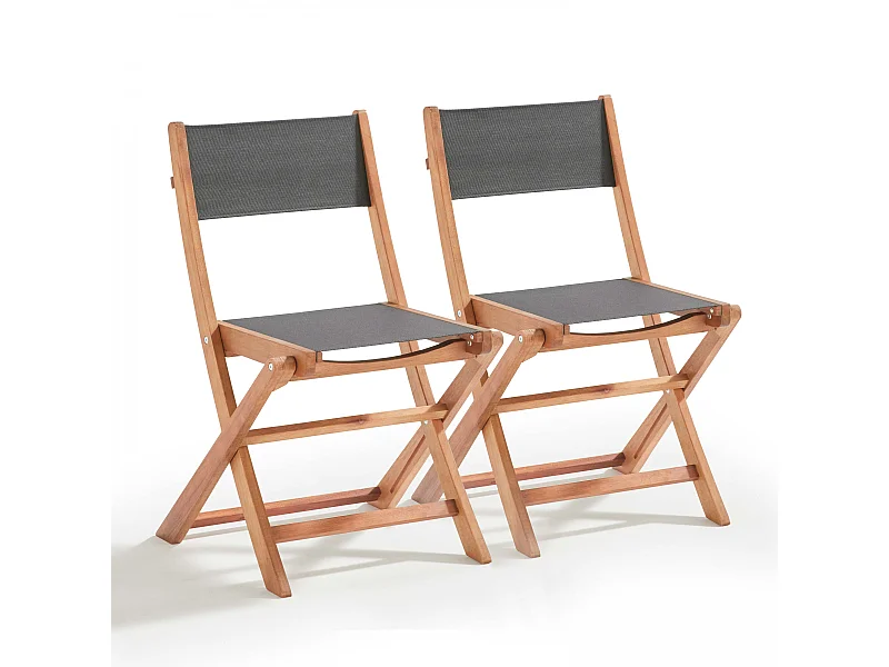 Lot de 2 chaises pliantes en bois d'eucalyptus et textilène noir