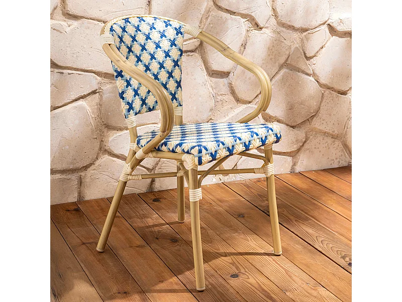 Fauteuil de terrasse bistrot parisien en aluminium et rotin bleu