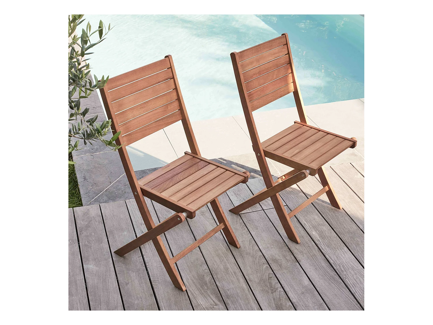 Lot de 2 chaises pliantes en bois d'eucalyptus