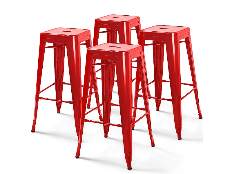 Lot de 4 tabourets de bar en acier rouge brillant
