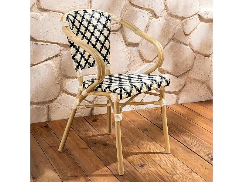 Fauteuil de terrasse bistrot parisien en aluminium et rotin noir