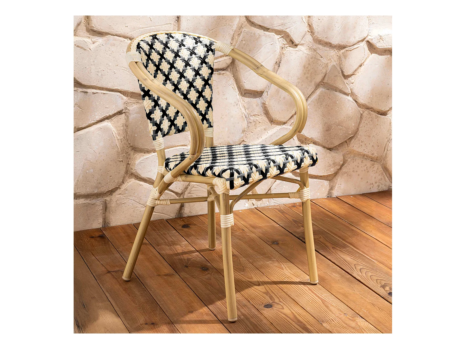 Fauteuil de terrasse bistrot parisien en aluminium et rotin noir