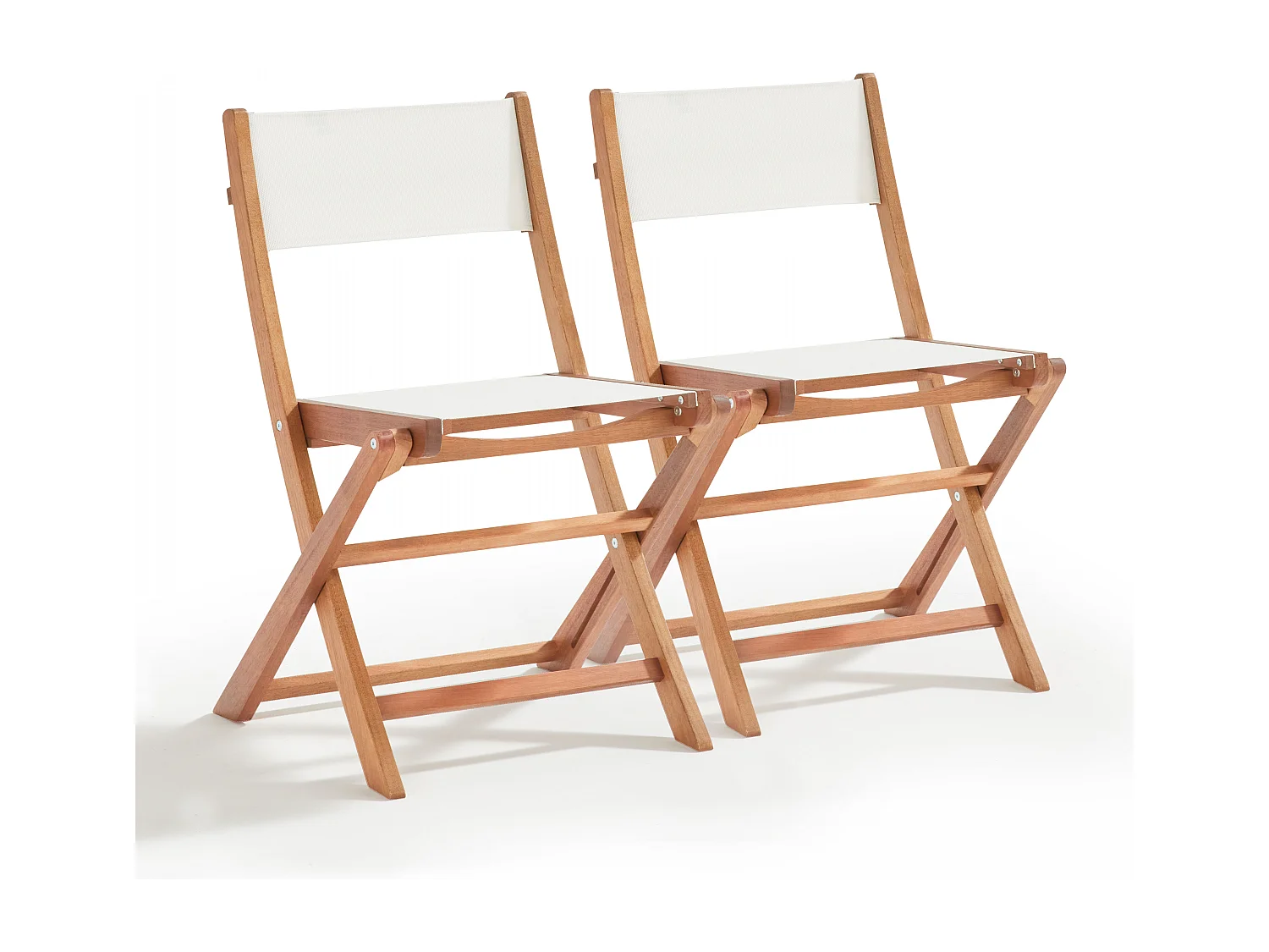 Lot de 2 chaises pliantes en bois d'eucalyptus et textilène blanc
