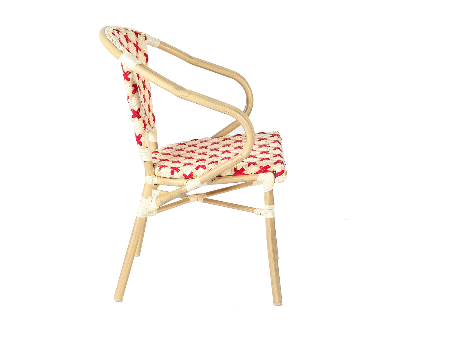 Fauteuil de terrasse bistrot parisien en aluminium et rotin rouge