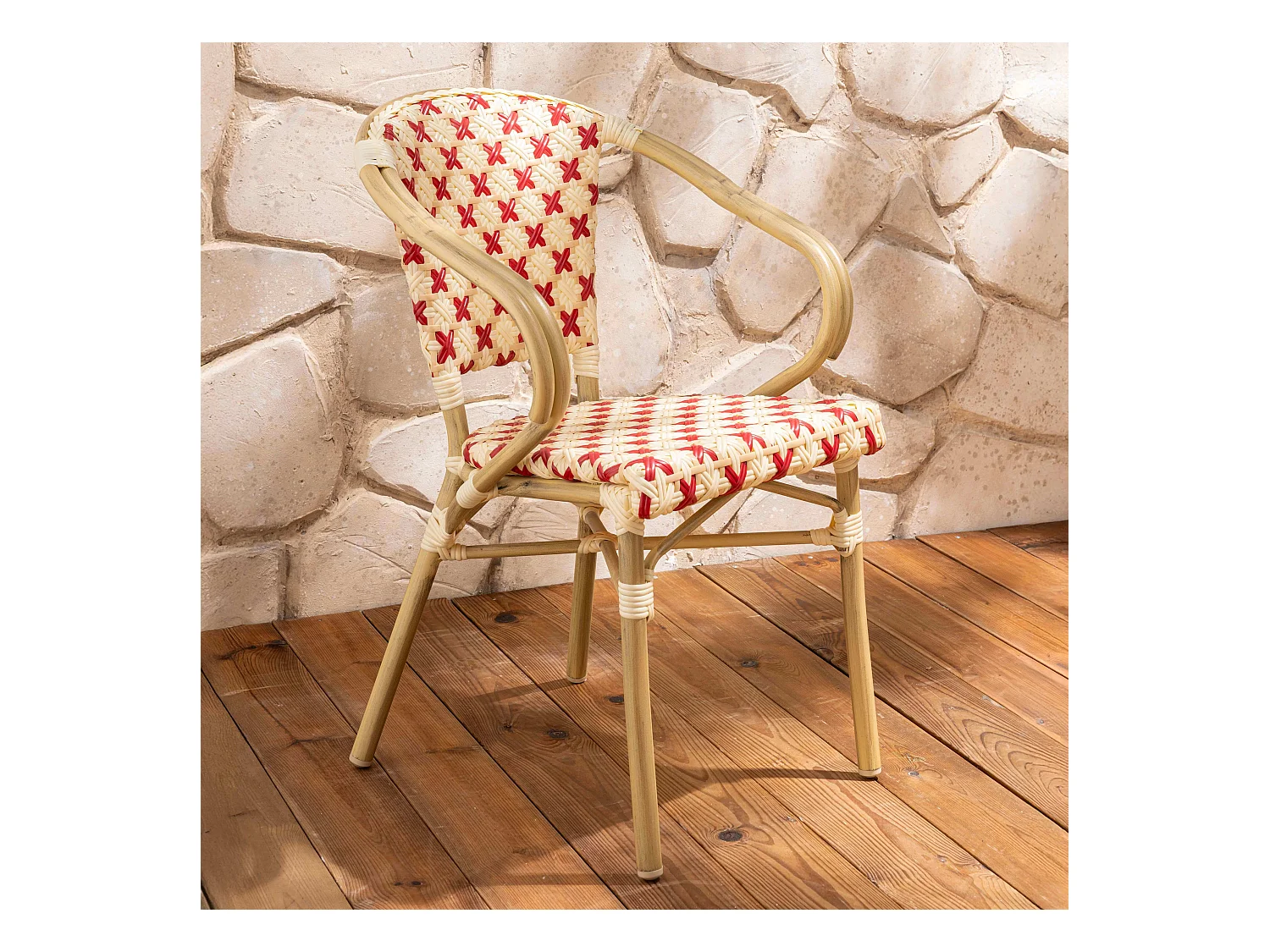Fauteuil de terrasse bistrot parisien en aluminium et rotin rouge