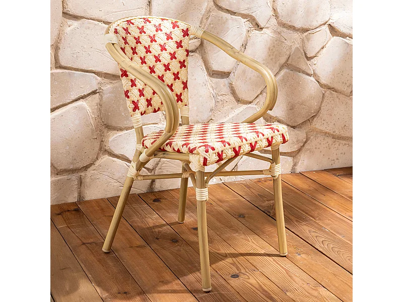 Fauteuil de terrasse bistrot parisien en aluminium et rotin rouge
