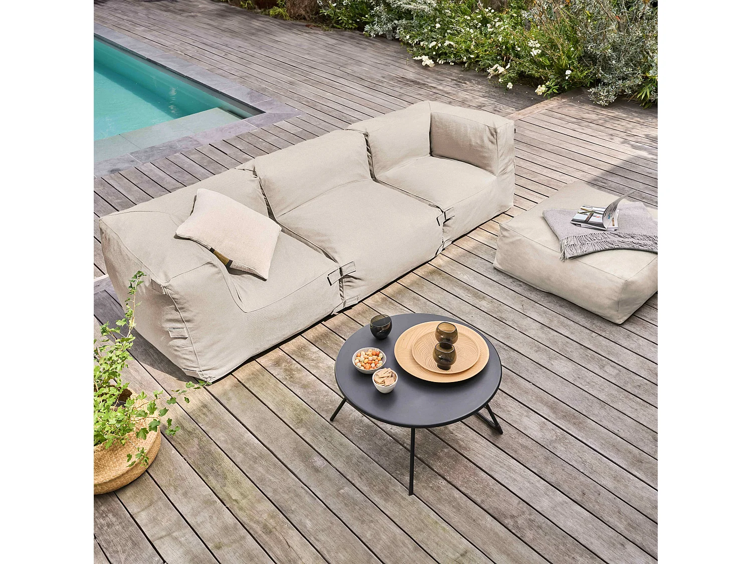 Canapé d'angle de jardin modulable 4 places beige