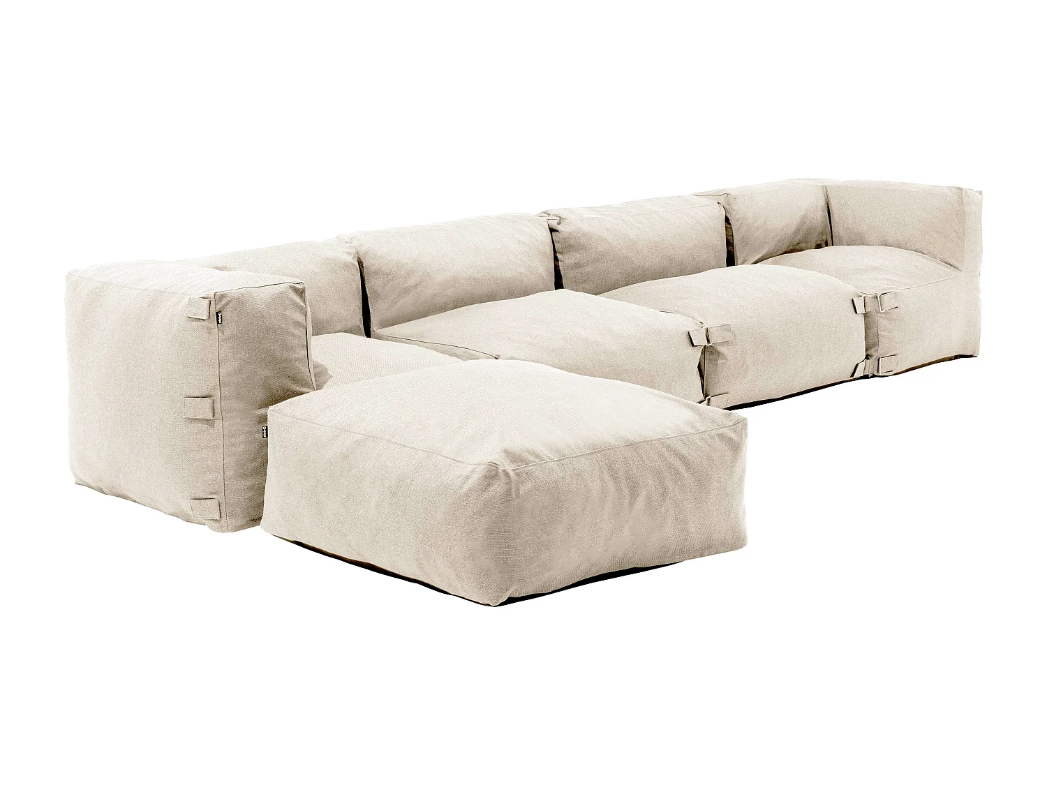 Modulaire hoekbank met 2 fauteuils, 2 hoeken en 1 zandkleurige poef