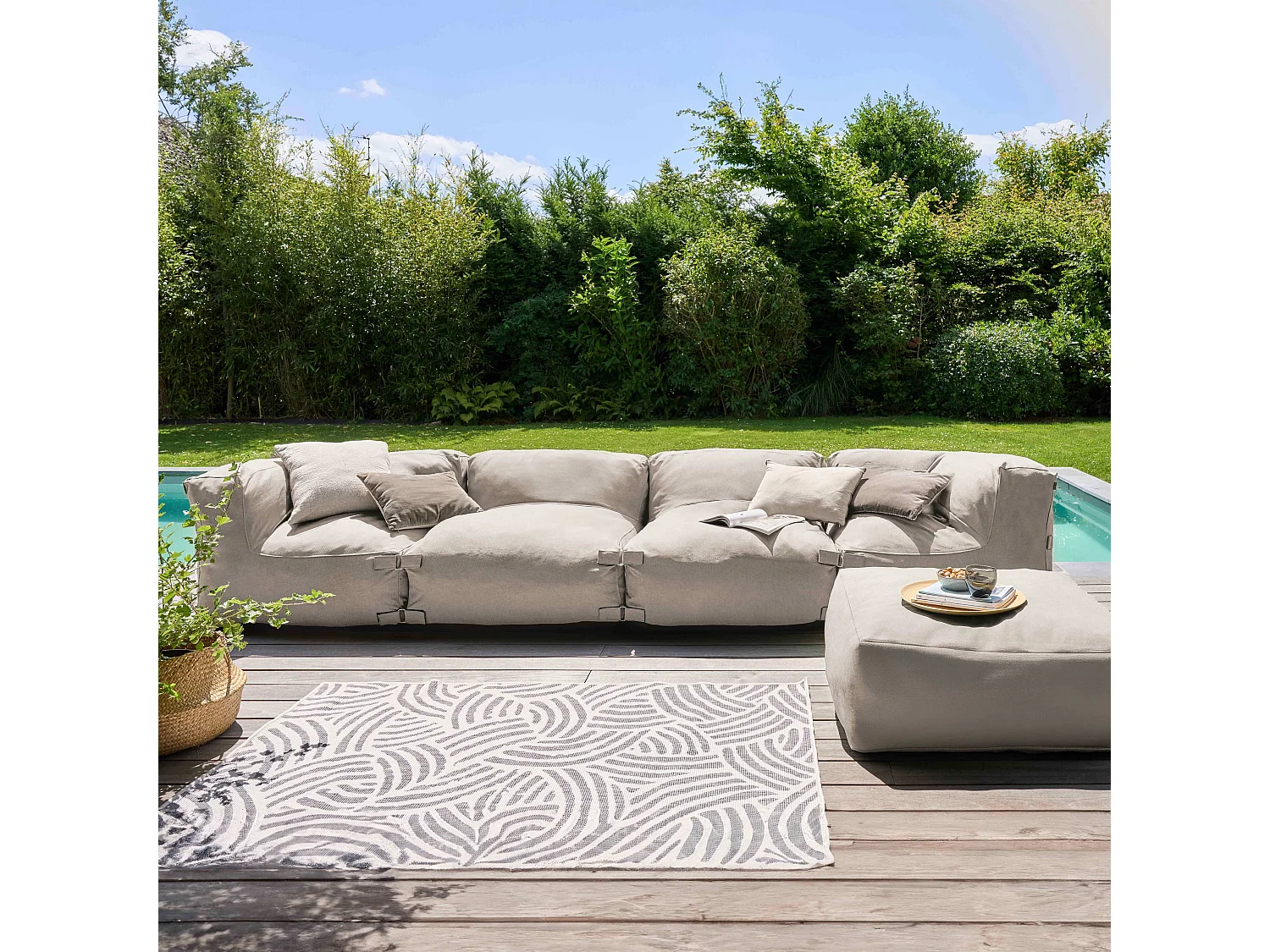 Canapé d'angle de jardin modulable 5 places beige