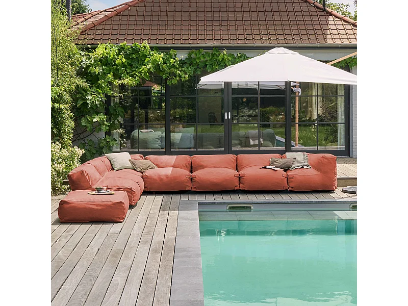 Modulaire hoekbank met 5 fauteuils, 2 hoeken en 1 poef in terracotta