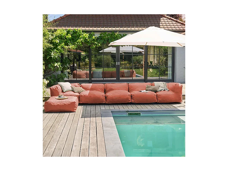 Modulaire hoekbank met 3 fauteuils, 2 hoeken en 1 poef in terracotta