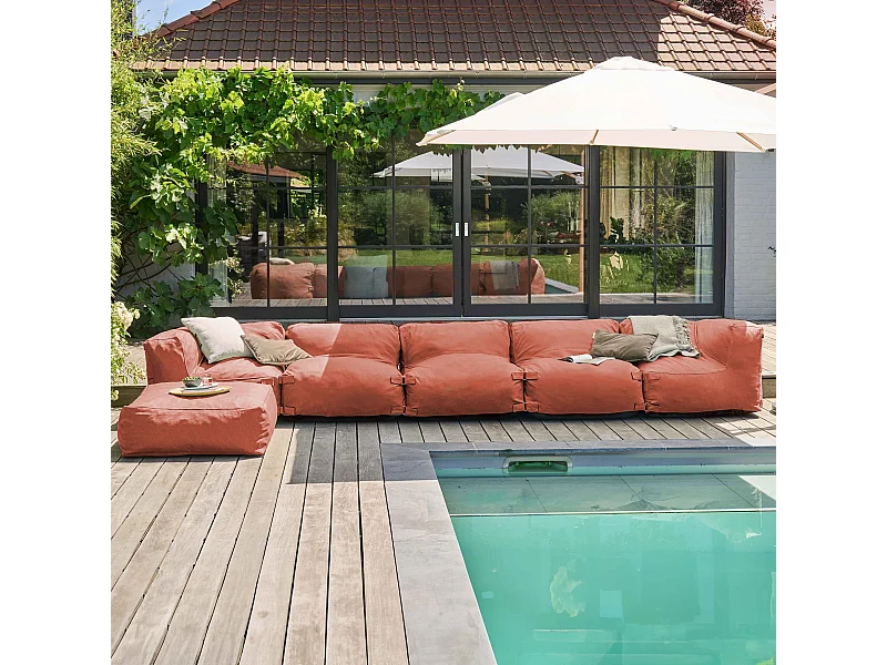 Modulaire hoekbank met 3 fauteuils, 2 hoeken en 1 poef in terracotta