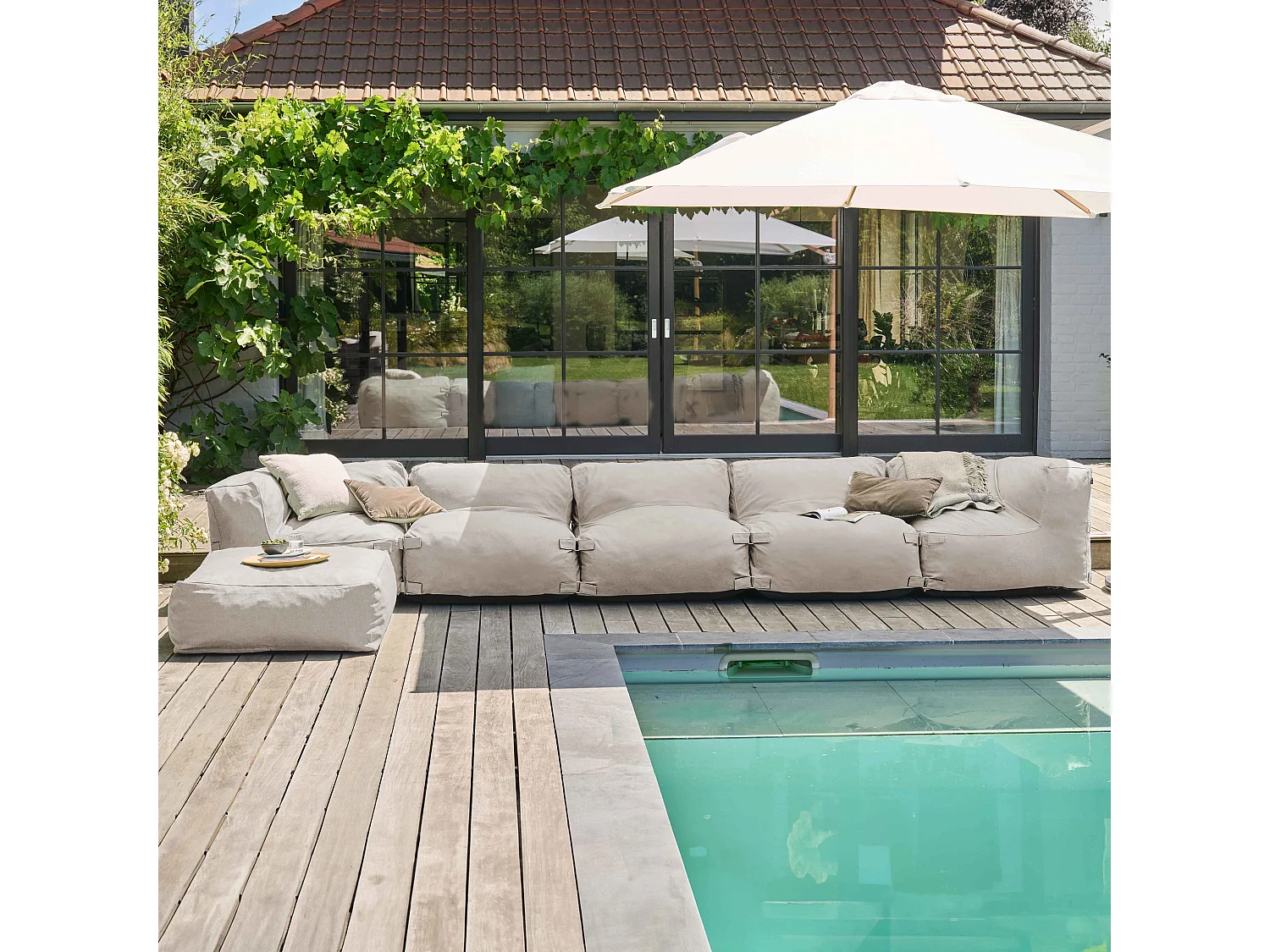 Canapé d'angle de jardin modulable 6 places beige