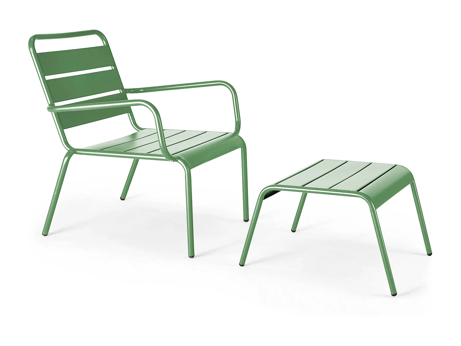 Loungestoel en voetenbankje van groen cactusmetaal