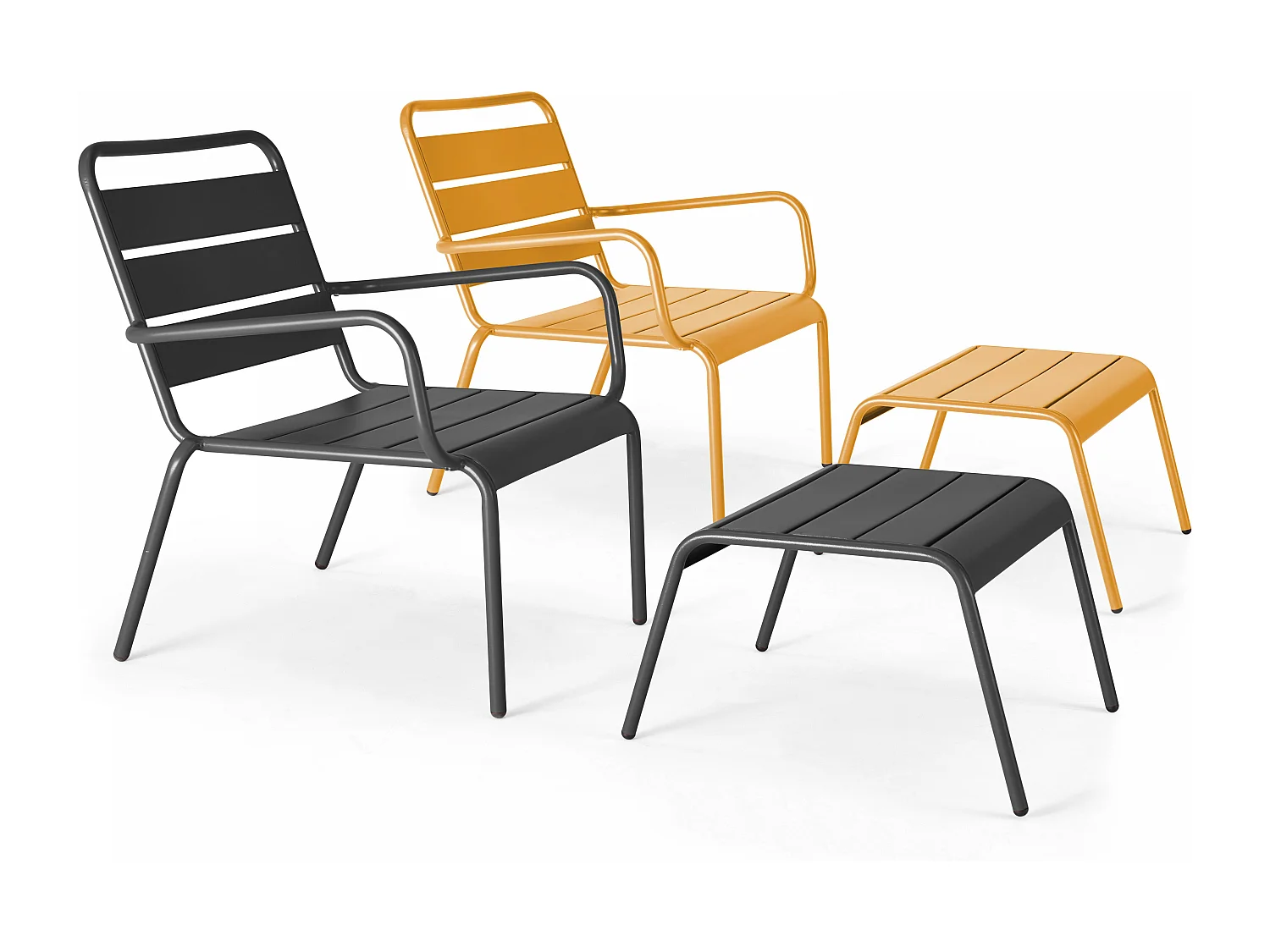 Lot 2 fauteuils relax avec repose-pieds métal gris et jaune - Palavas