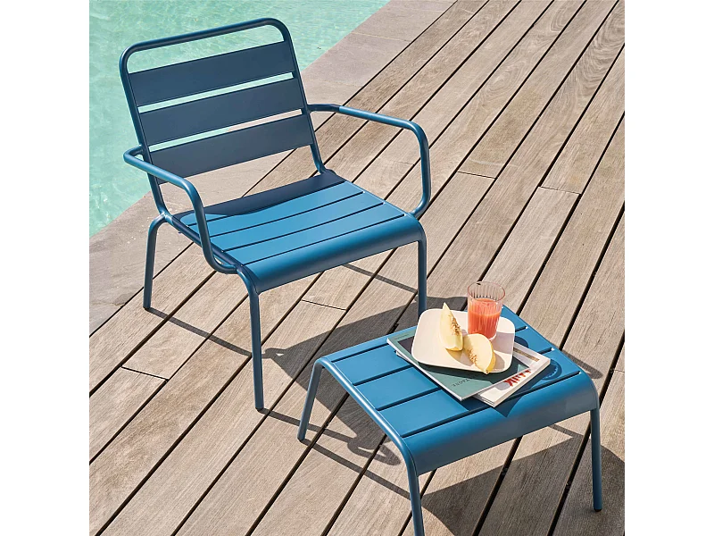 Fauteuil relax et repose pied en métal bleu pacific - Palavas