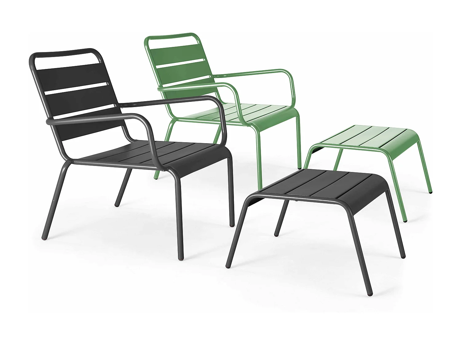 Lot 2 fauteuils relax avec repose-pieds métal gris et vert cactus - Palavas