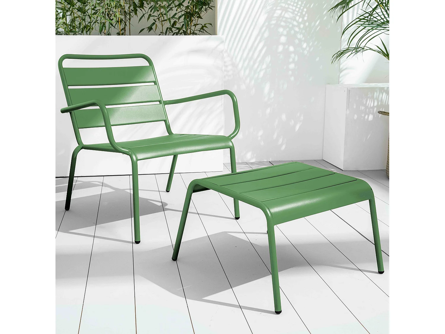 Lot 2 fauteuils relax avec repose-pieds métal gris et vert cactus - Palavas