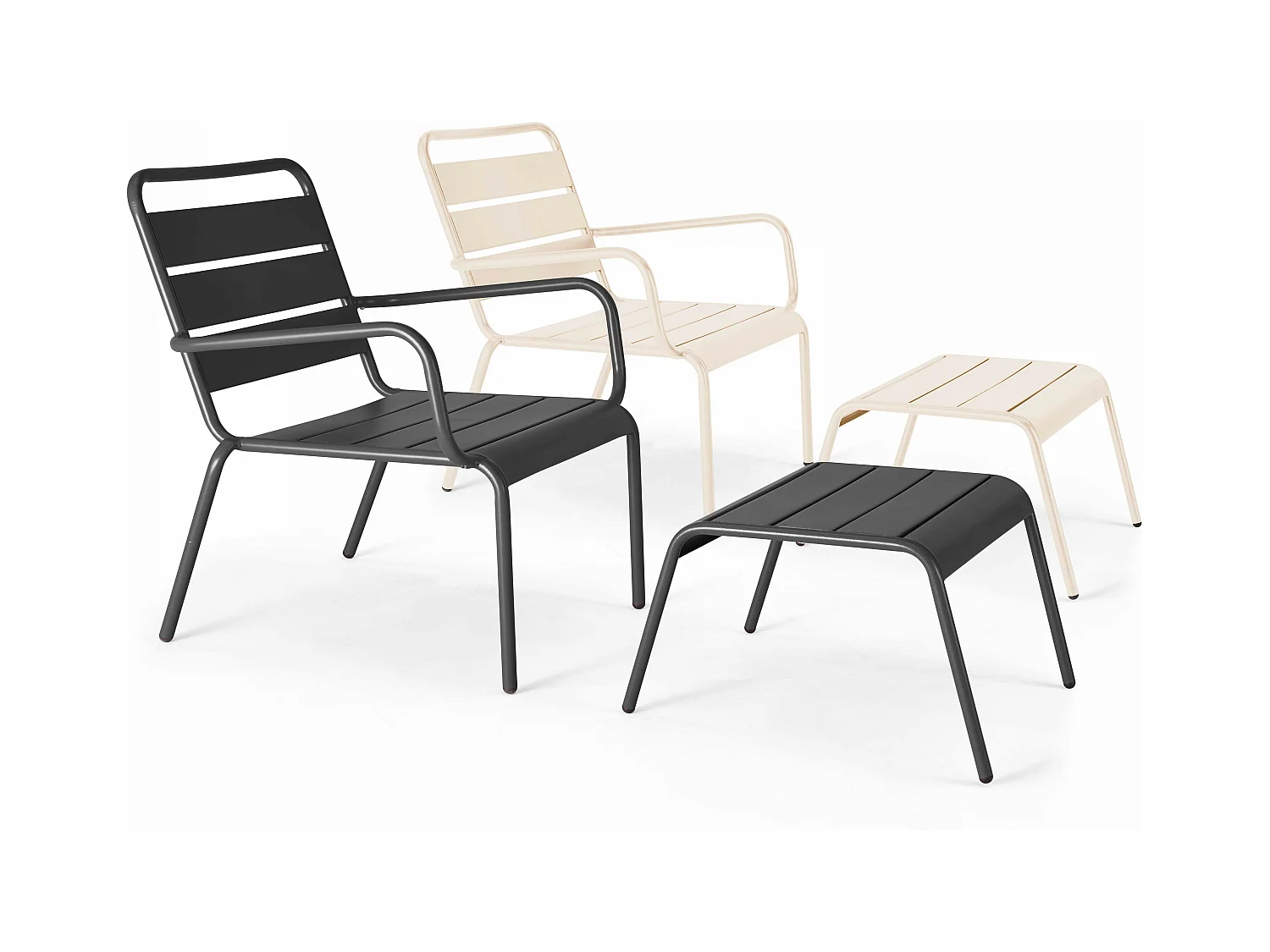 Lot 2 fauteuils relax avec repose-pieds métal gris et ivoire - Palavas