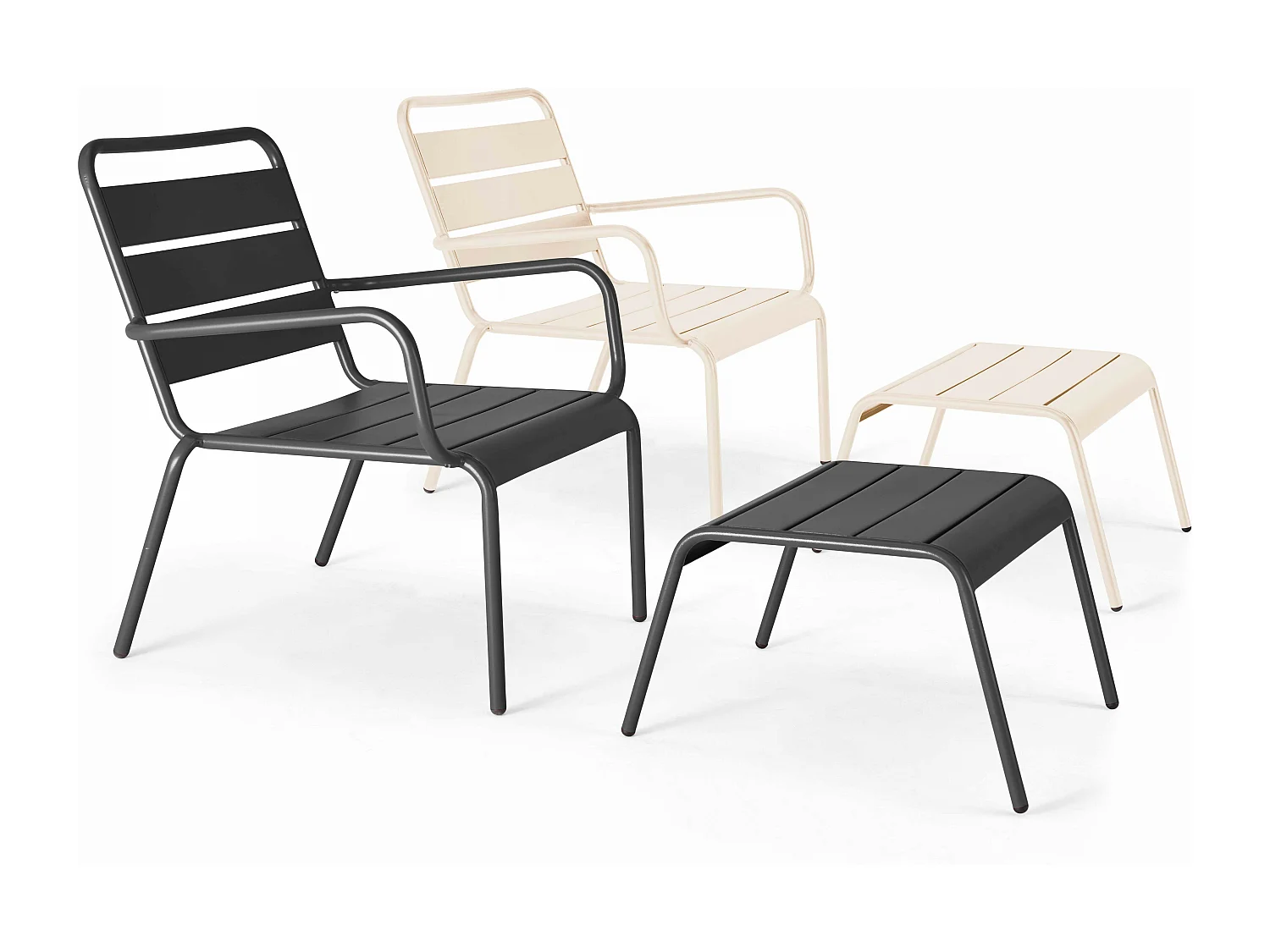 Lot 2 fauteuils relax avec repose-pieds métal gris et ivoire - Palavas